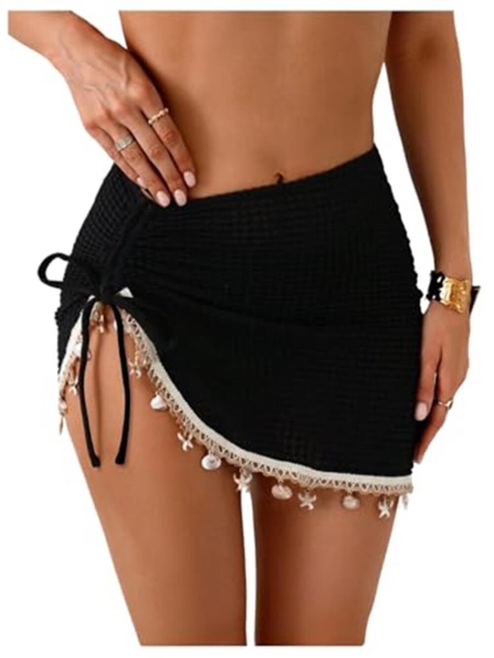 SHENHE Black Ruched Swim Cover Up Mini Skirt Seashell Trim Drawstring Sarong
